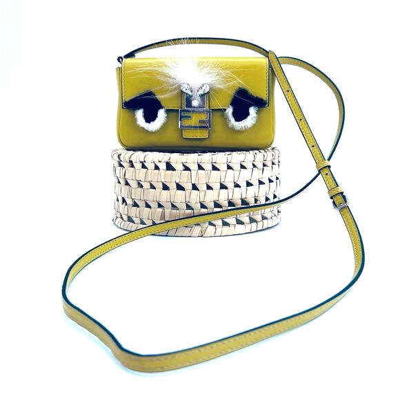 Fendi Monster Fur Micro Yellow Crossbody Leather Baguette SHW Authentic CoA - Picture 2 of 9